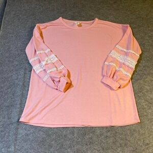 BiBi Pink Long Sleeve Lace Fringe Detail Balloon Sleeve Top BT1989-02 Womens L